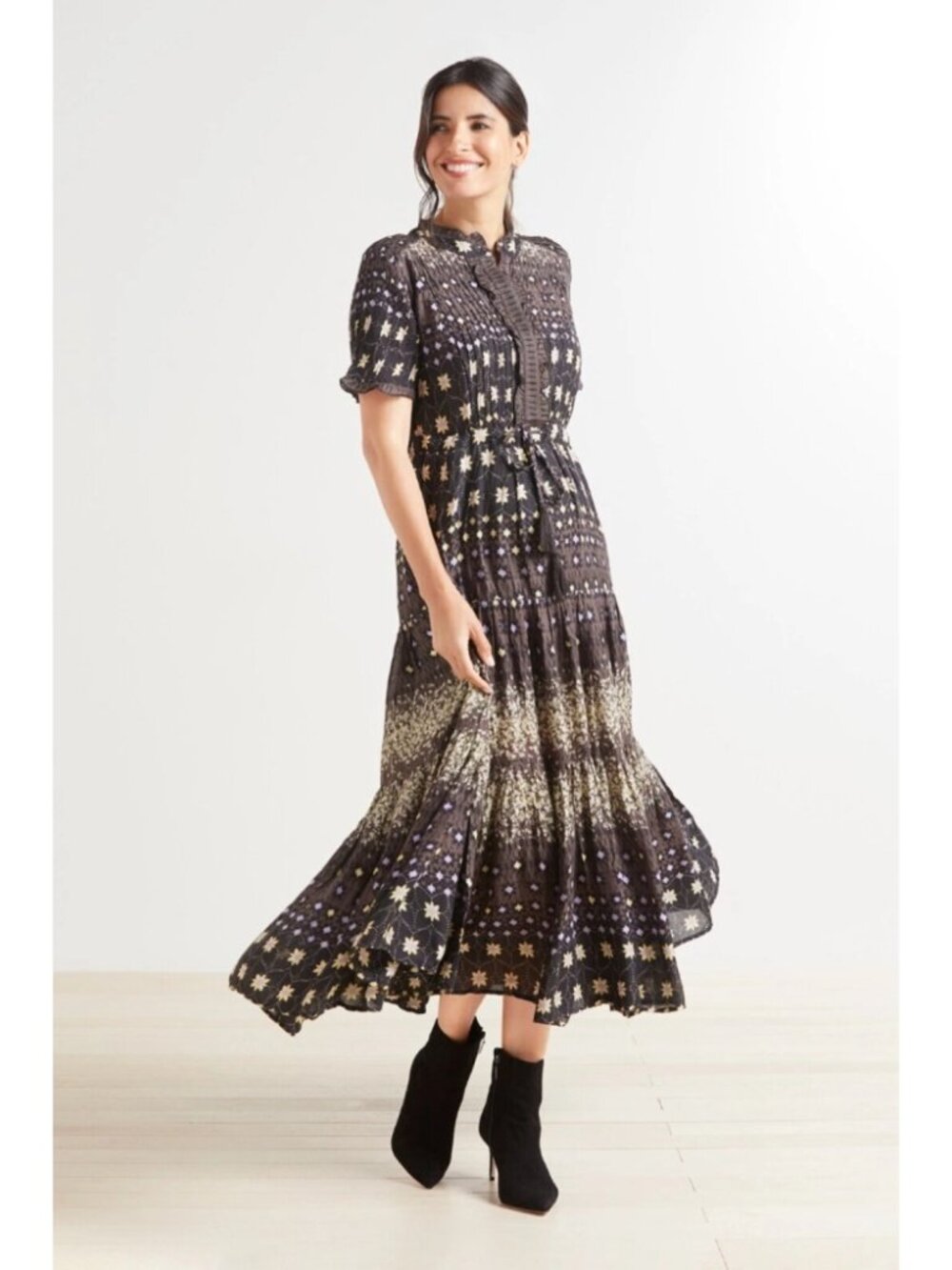 Free People Rare Feelings Black Floral Fringe Tie Ruffled Maxi Dress Boho Size L - Picture 3 of 13